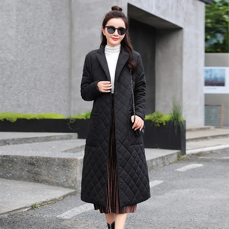 Woman Jacket Parkas X-long Belted Space Cotton 2024 New Diamond Plaid Coat Down Women's Over The Knee Winter Clothing Warm Coats