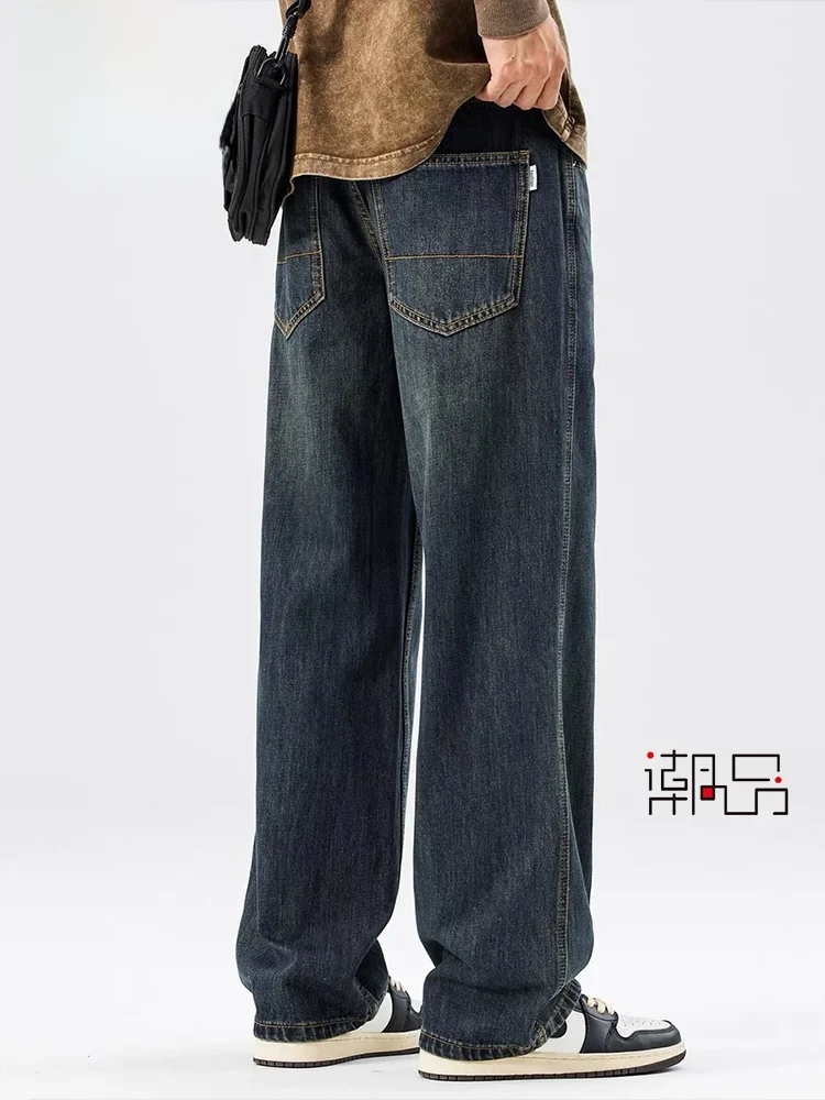 

Retro Fce Lined Loose Wide Leg Men's Jeans Hong Kong Trendy Brand American Sle Casual High Street Autumn Winter New Arrival