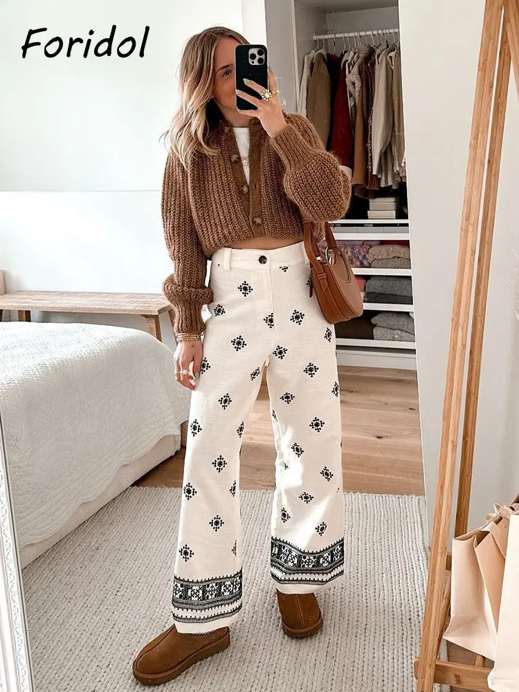 Foridol Geometric Embroidery Wide Leg Spring Summer Women Beige Long Pants Zip Fashion Trousers Pantalones De Mujer Autumn Pants