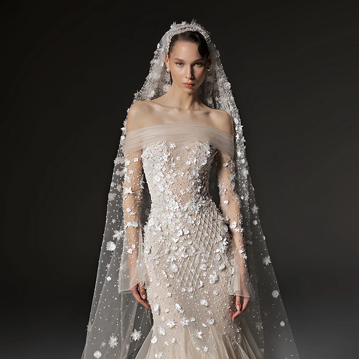 Sheer Fairy Women' s Elegant Tulle Wedding Dress Mermaid 3D Floral Lace Bridal Gown with Chapel Train Plus Size SW670 Customized
