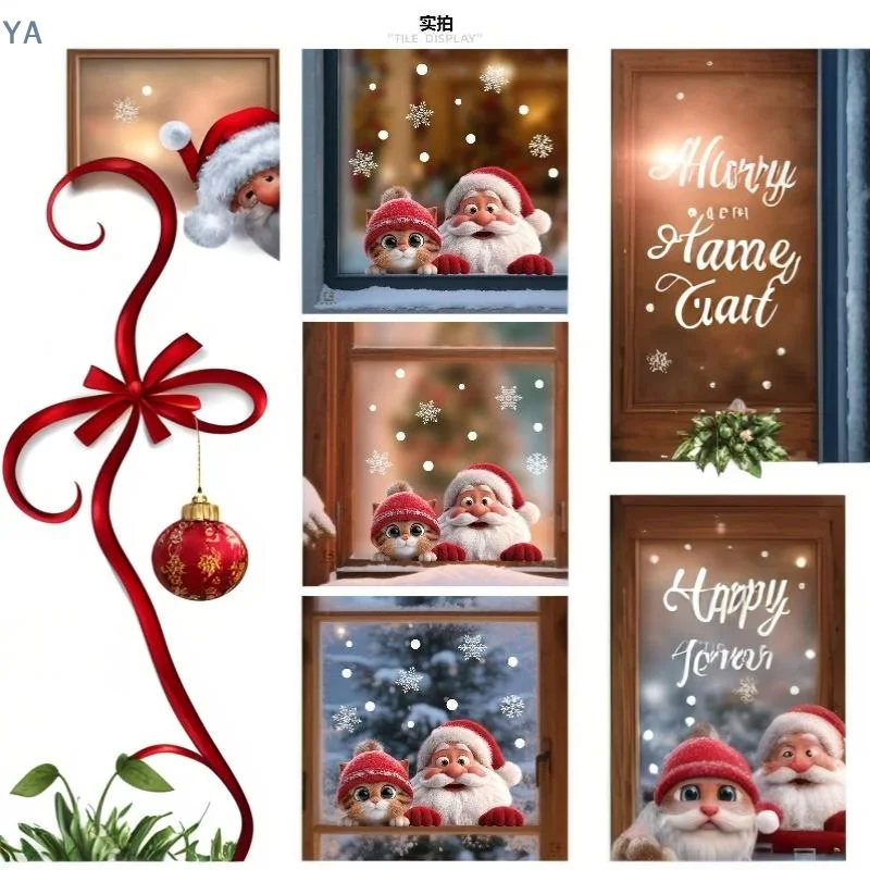 Christmas Window Static Clings Removable Reusable Santa Cat Snowflake Stickers for Home Store Xmas Decoration