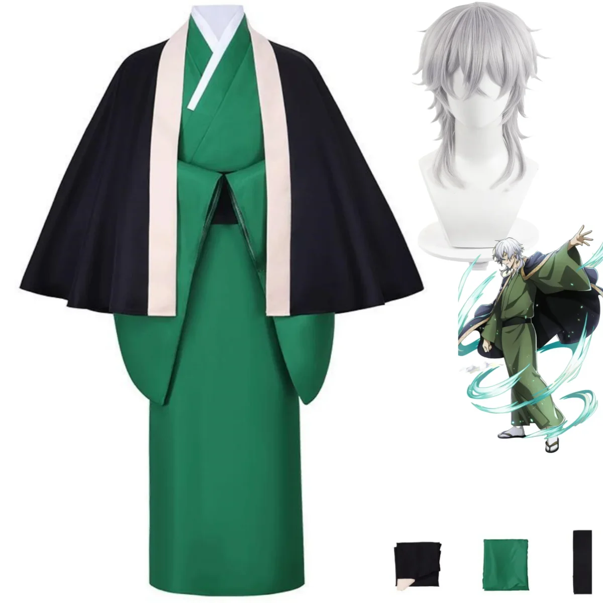 Anime Bungo Stray Dogs Fukuzawa Yukichi Cosplay Costume Wig Japanese Green Kimono Cloak Shawl Man Christmas Halloween Suit