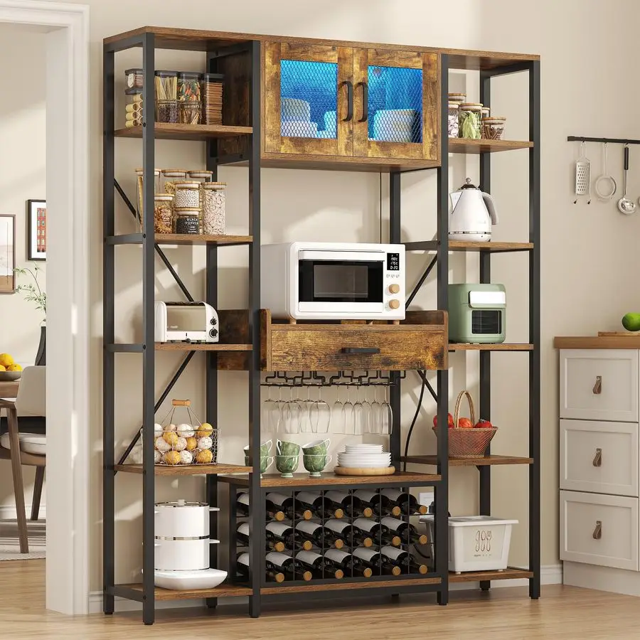 

Винный барный шкаф со светодиодной подсветкой, высокий (65,35 дюйма) промышленный кофейный барный шкаф с выдвижным ящиком и розетками, подставка для микроволновой печи на кухню