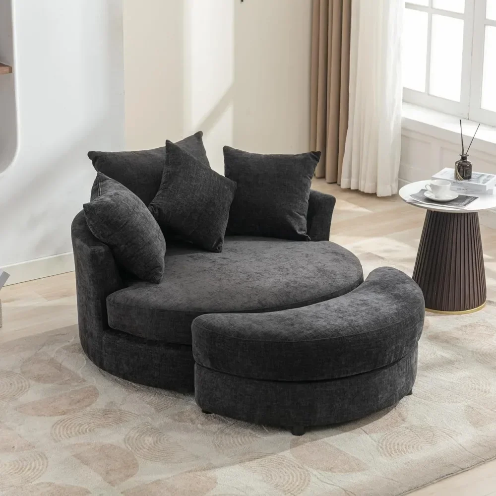 Swivel Round Barrel Chair with Storage Ottoman and  Movable Pillow Backrest,360° Round Rotating Barrel Chair