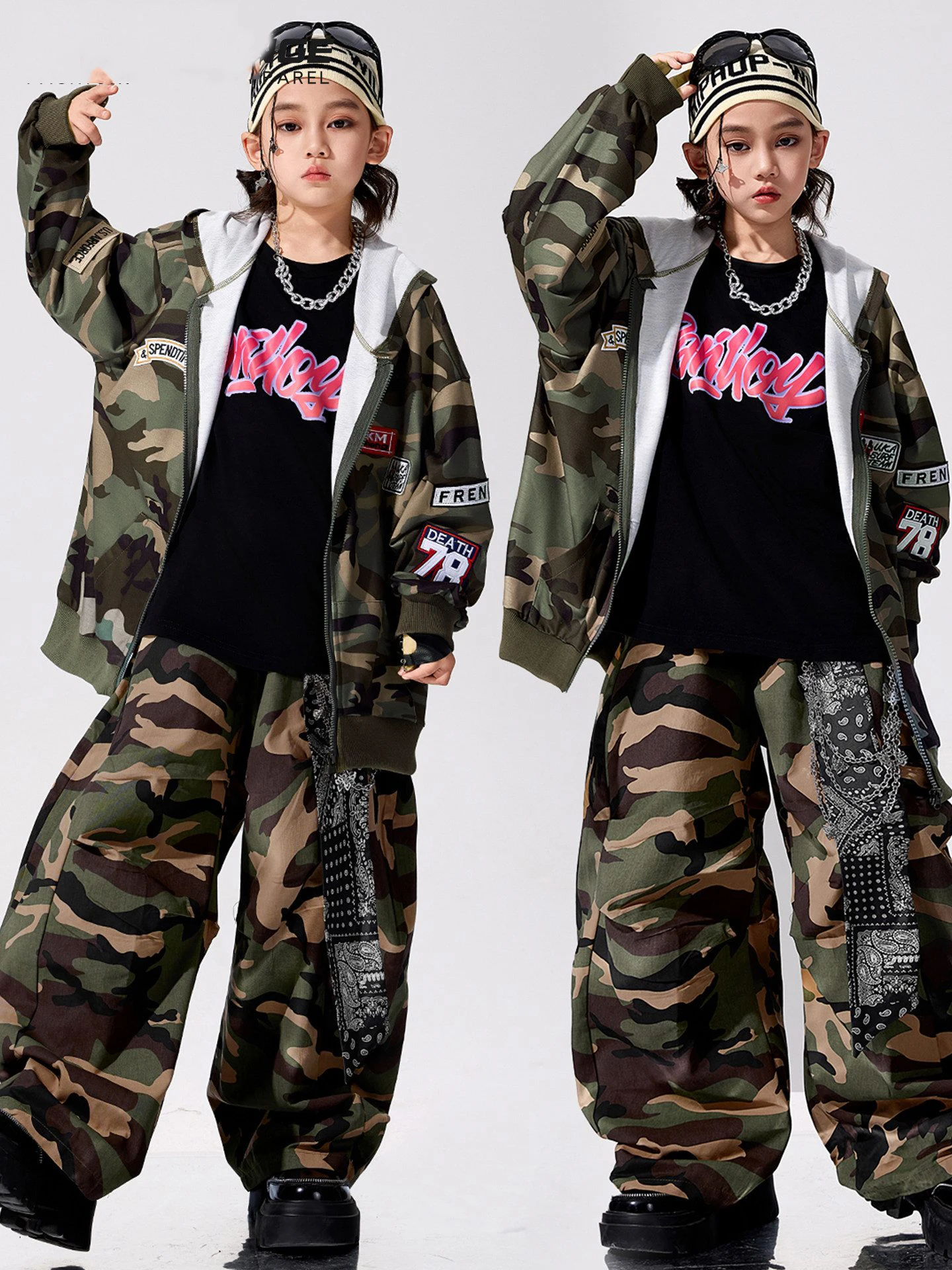

2026 Boys Baggy Hip Hop Clothes Camouflage Suit Hooded Coat Pants Children Street Dance Outfit Drum Performance Costumes BL18164