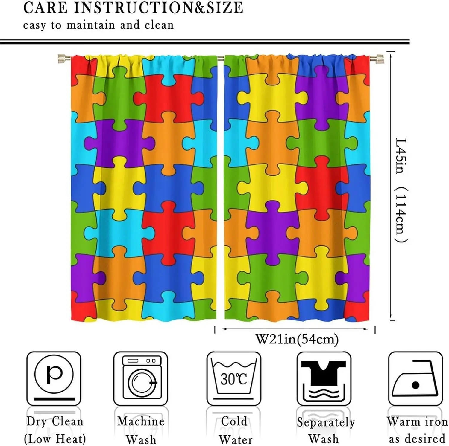 Rainbow Puzzle Piece Curtain Panels, Multi Color Interlocking Block Modern Educational Kids Pattern Drapes Classroom Decoration