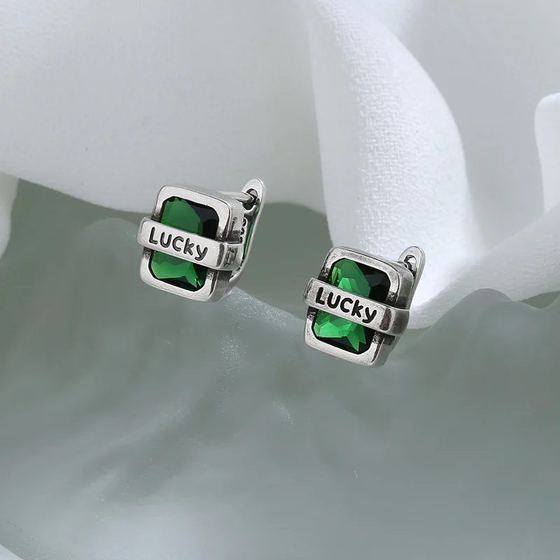 Cute Female Green Zircon Hoop Earrings Crystal Square Stone Earrings Vintage Silver Color Wedding Earrings For Women Jewelry