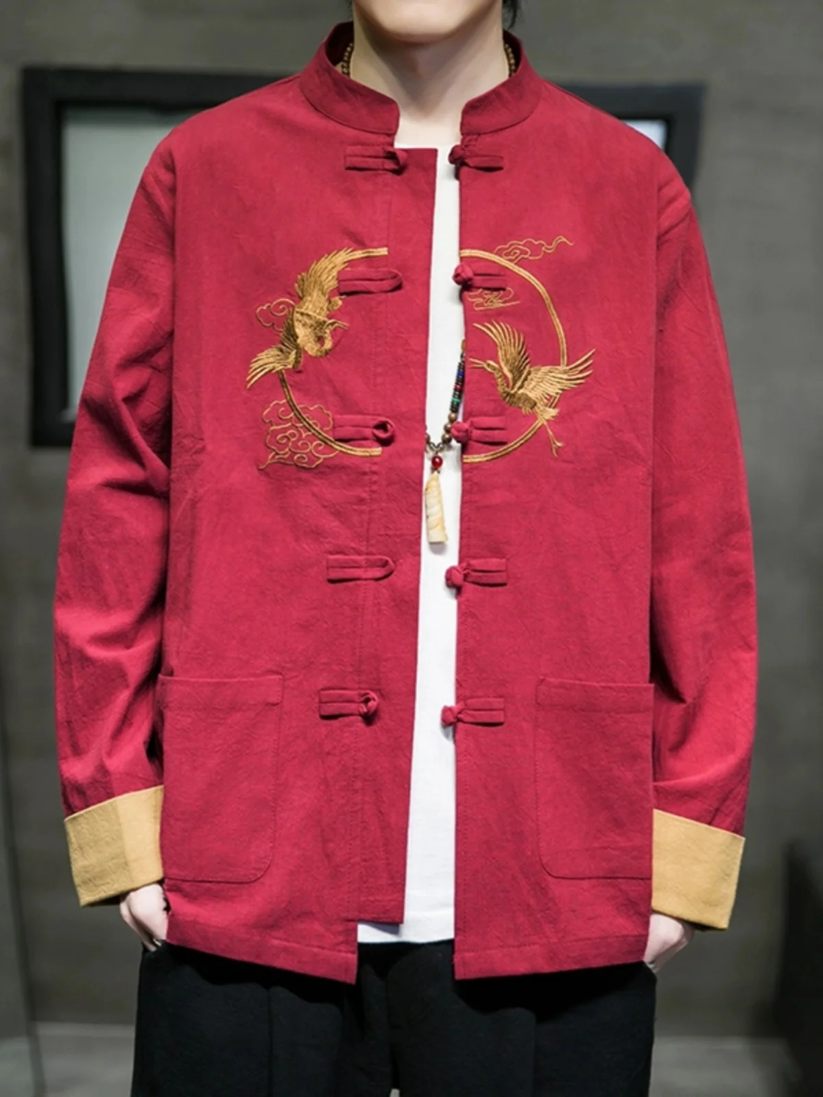 

Красный китайский мужской джет с вышивкой на пуговицах, весенне-осенняя молодежная верхняя одежда, дышащее длинное пальто све
