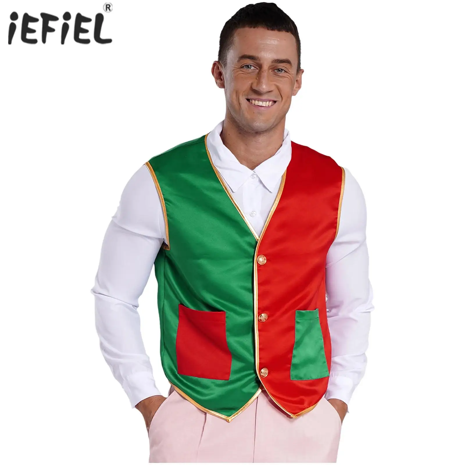 Mens Christmas Candy Cane Costume Xmas New Year Waistcoat Sleeveless Color Block Metal Button Vest with Pockets for Santa Party