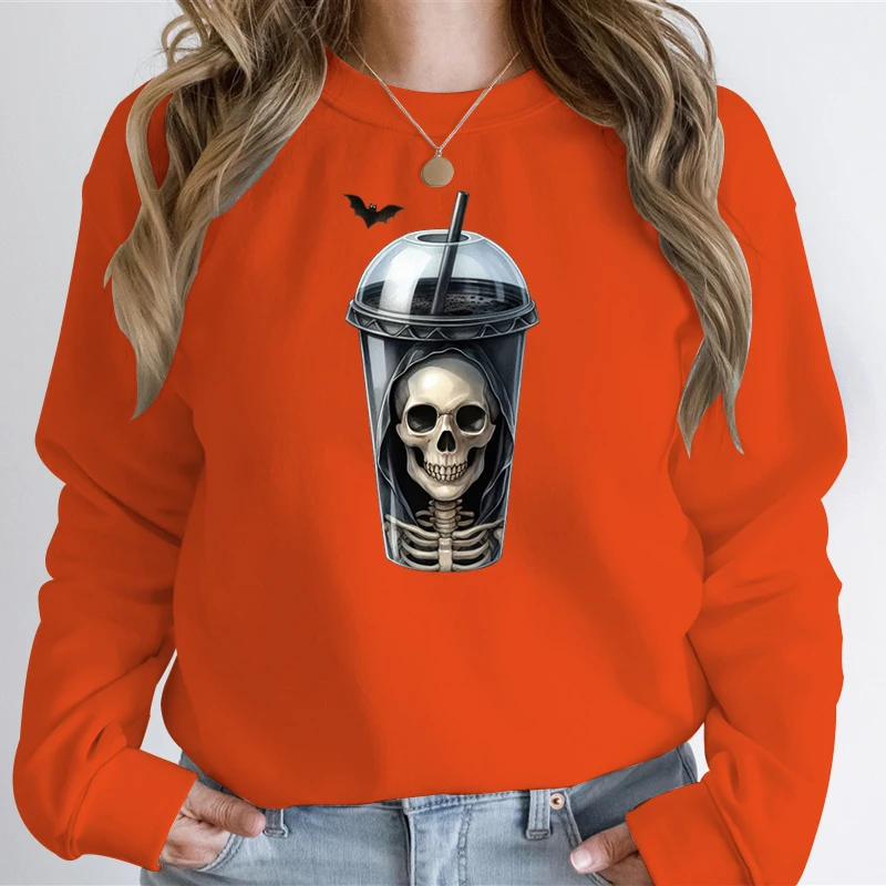 Coffee Skull Halloween Hoodies Hip Hop Sweatshirts Long Sleeve Pullover Loose Hoodies Spooky Season Streetwear for Men Women