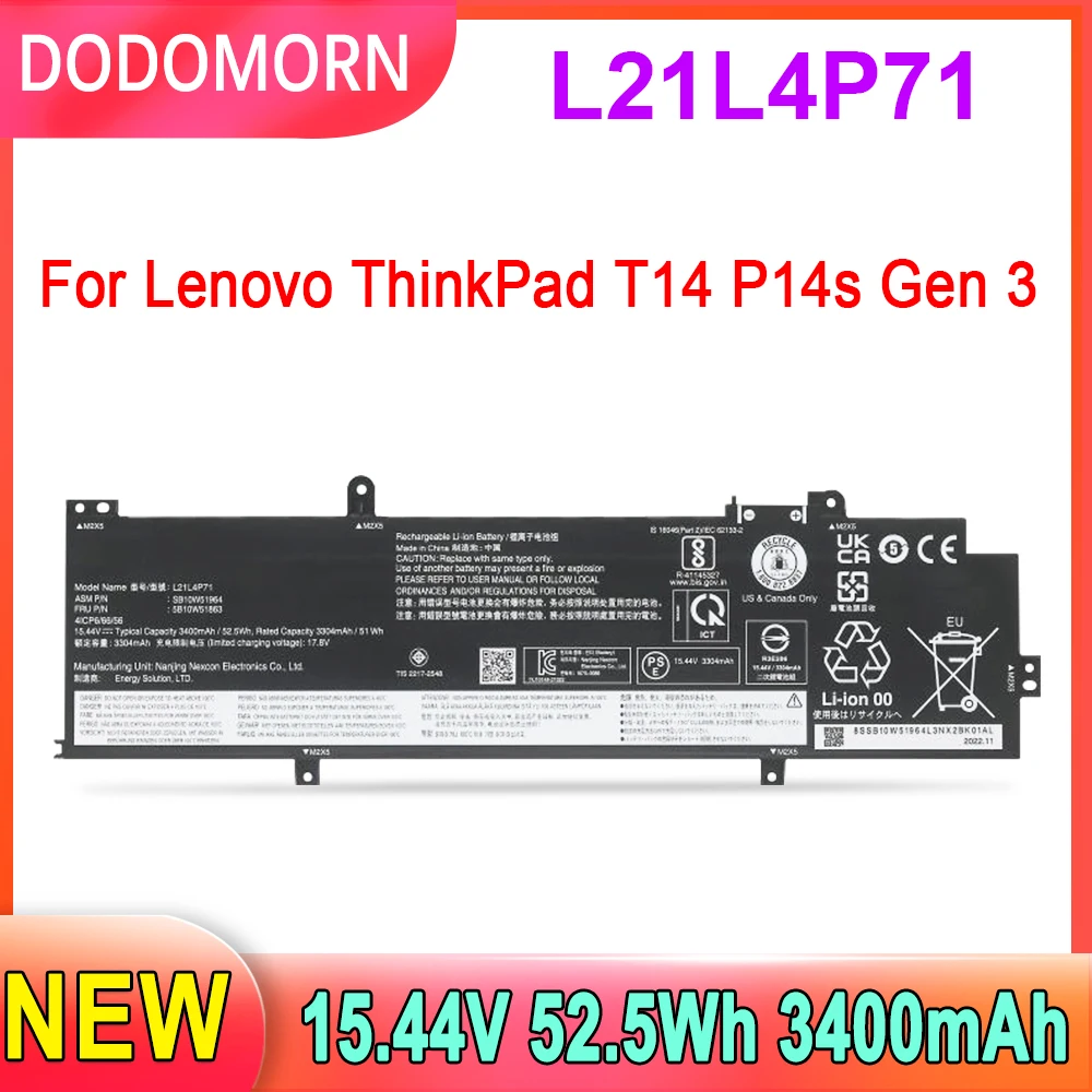 

Аккумулятор DODOMORN L21L4P71 для ноутбука Lenovo ThinkPad T14 Gen 3 (тип 21AH,21AJ,21CF,21CG),P14s Gen 3 (тип 21AK,21AL,21J5,21J6)