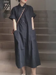 Elegant Long Casual Design Sense Shirt Dress Summer Anti-Aging Vintage Style Women's Dress Mid-Waist Straight Tube Skirt