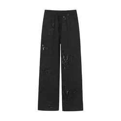 PB&ZA 2024 Summer New Women's Fashion Versatile European and American Heavy Industry Embroidered Pants