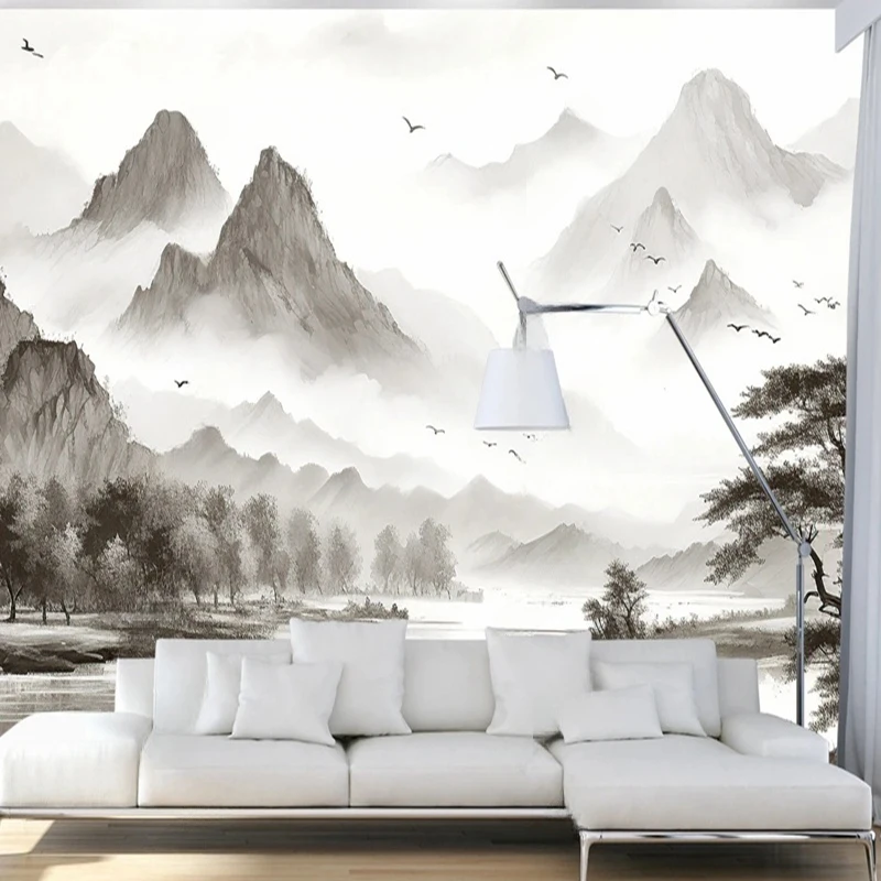 

Custom Photo Wallpaper Chinese Style Ink Black White Mountain Landscape Mural Living Room Bedroom Home Decor Papel De Parede 3D