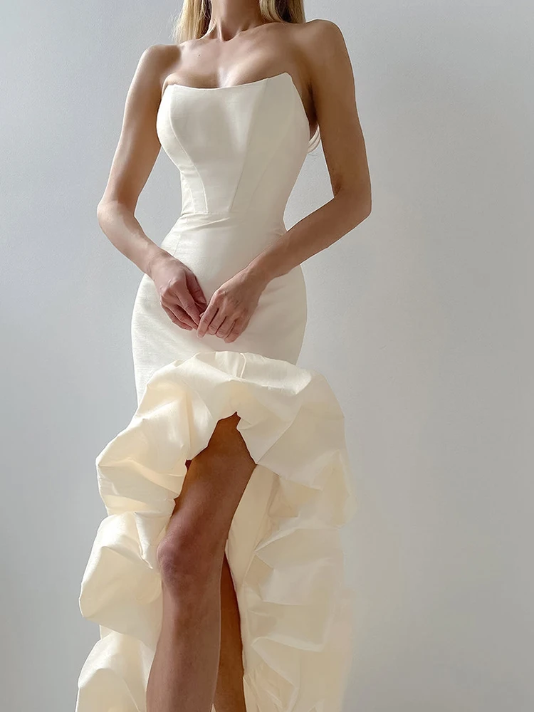 Luxury High Waist Wrap Hips Dresses French Style Satin Ruffles Evening Dress Elegant Solid Color Off Shoulder Slim Banquet Dress