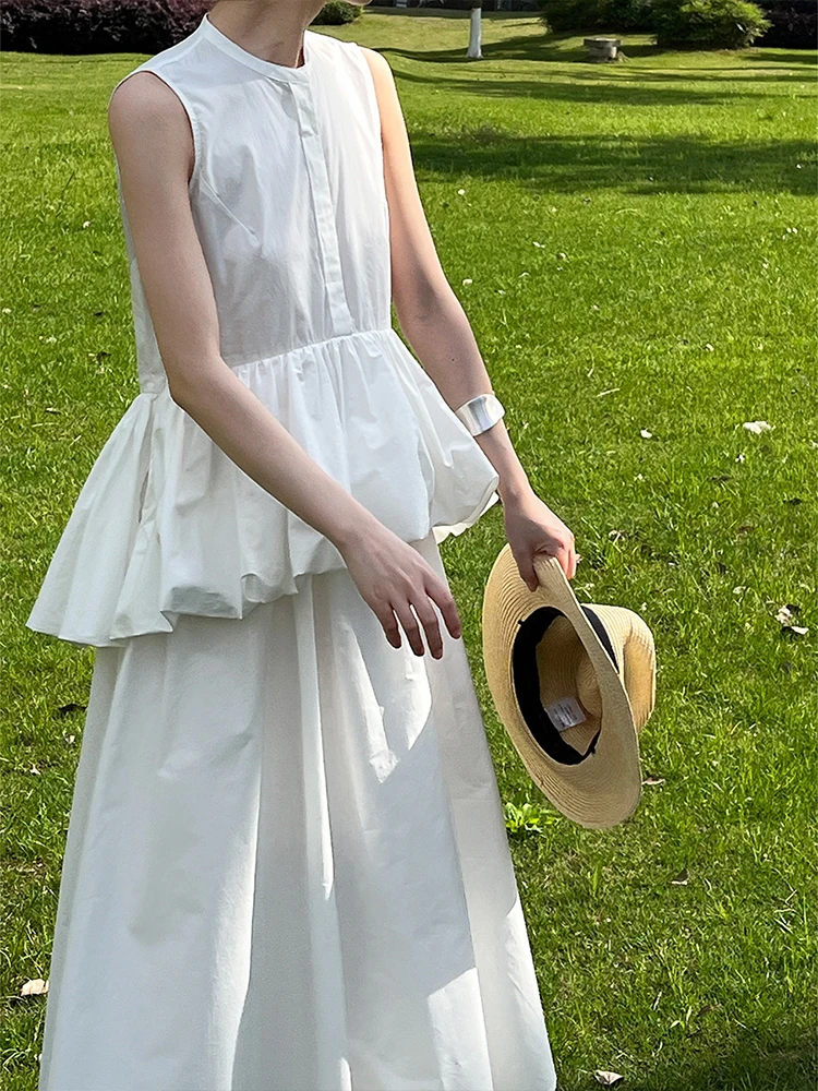 LANMREM Lotus Edge Flower Bud Dress For Women O-neck Sleveless Solid Color Ankle-length Dresses 2024 Summer New Clothing 2Z1593