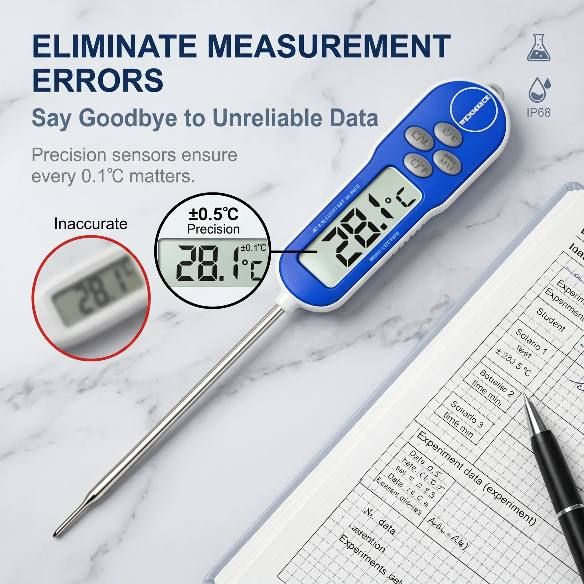 WENMEICE High Precision Digital Thermometer IP68 Waterproof Instant Read Thermometer for Cooking BBQ with Calibration Function