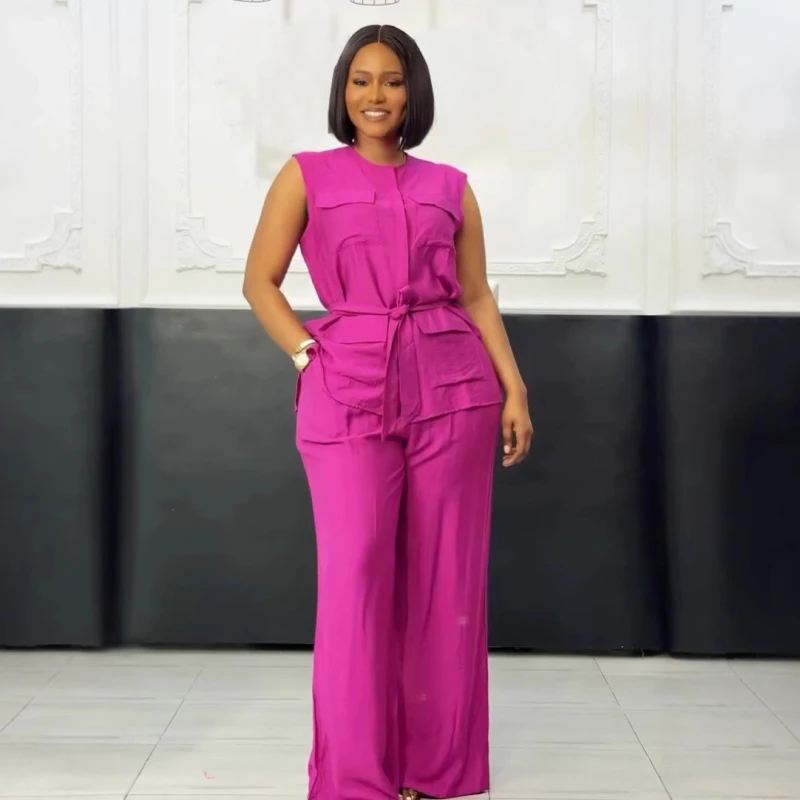 African Fashion Summer Women Two Piece Sets Sleeveless Shirt Top And Wide Leg Pants Set Belt Street Outfits Tracksuit