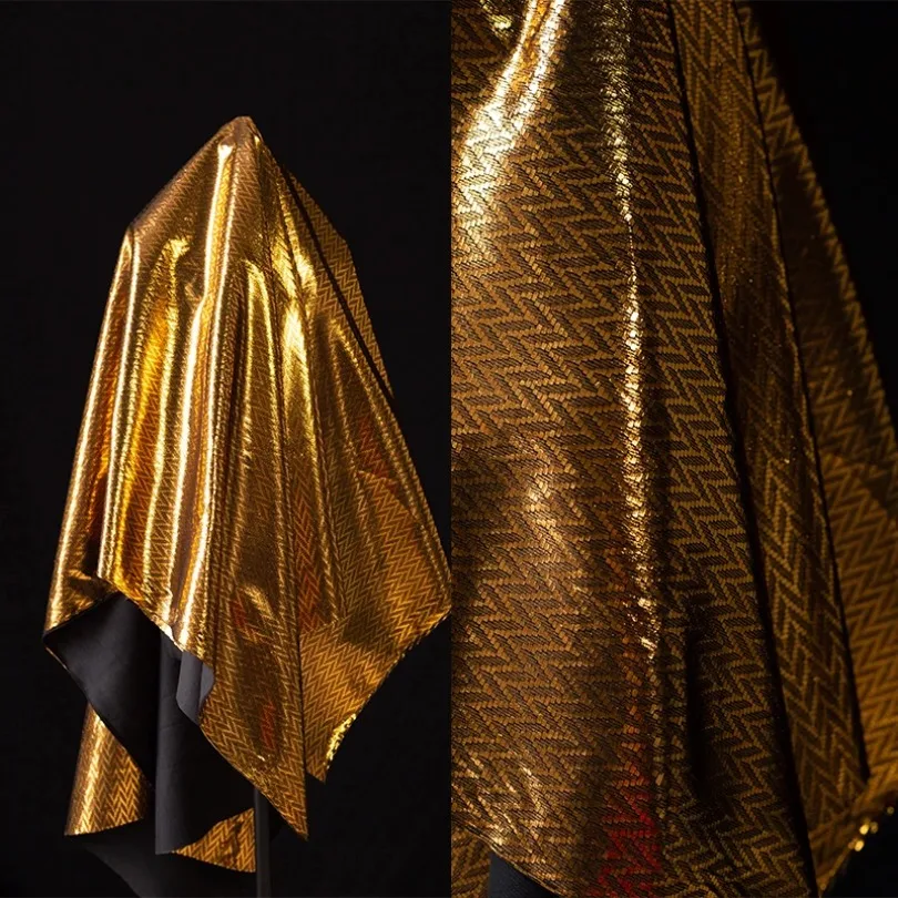 Antique Gold Egyptian Leather Fabric with Geometric Diamond Square Texture Noble Ethnic Decorative Art Designer Material Fabric