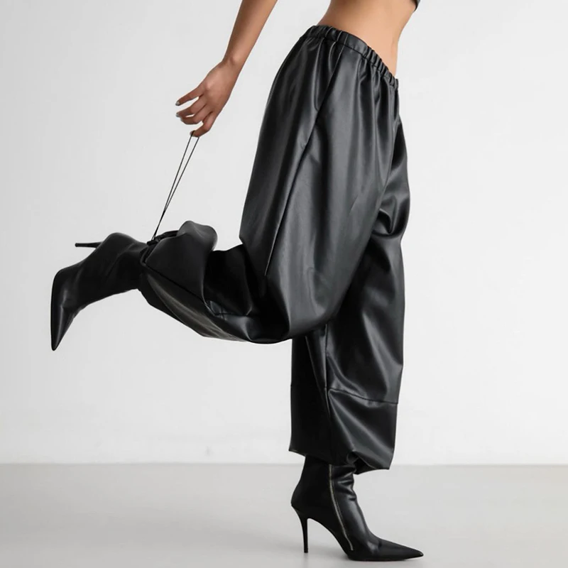 Tornova PU Leather Loose Bloomer Pants For Women High Street Casual Drawstring Trousers Club Party Pants Female 2025 Fall New