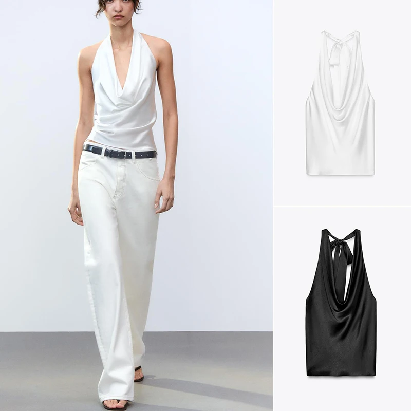 

Spring Summer New Women's Silk Satin Knot Decorated Draped Ne Hanging irt Slim Fit No Sve round Ne Top