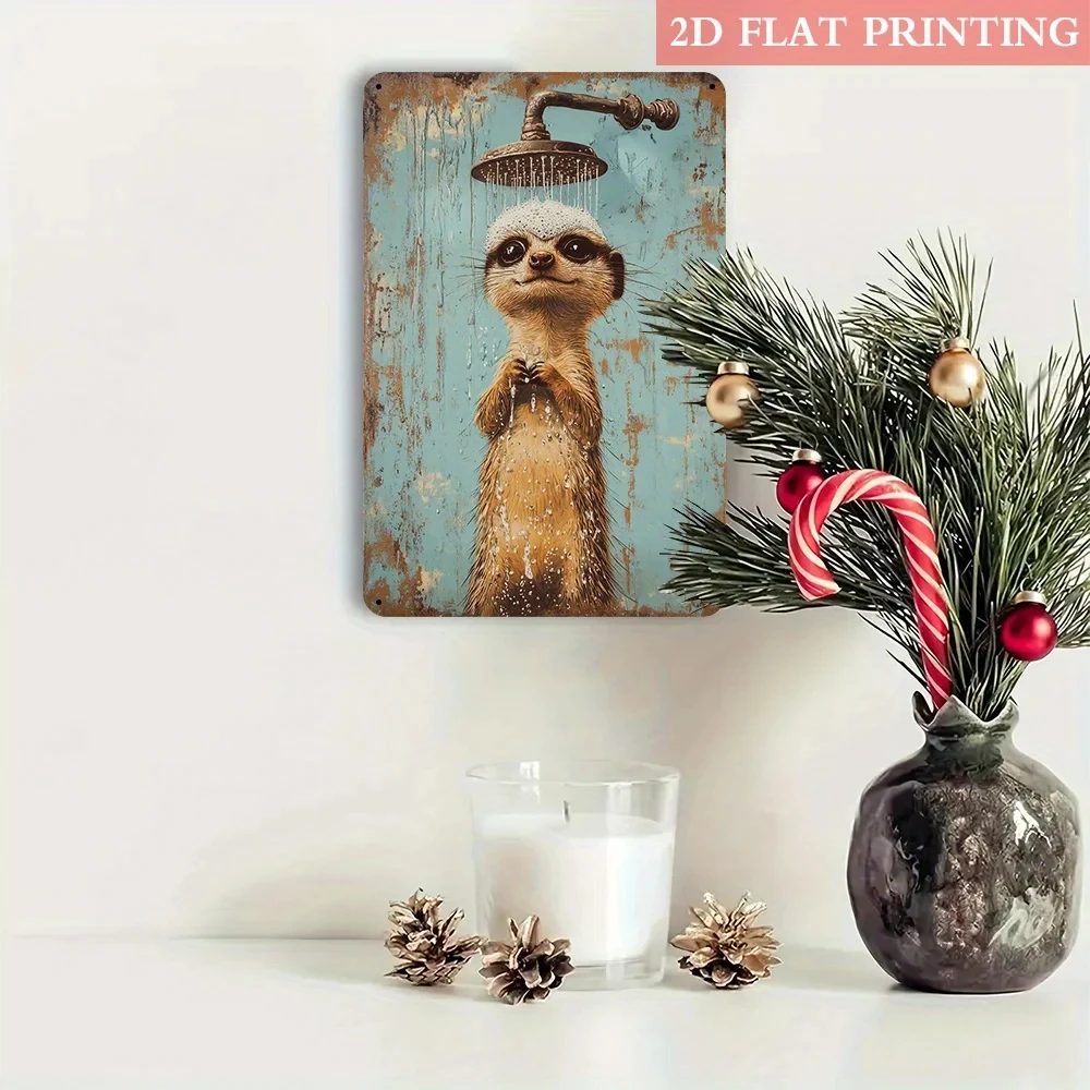 1 Piece 20X30Cm Iron Metal Tin Sign, Vintage Meerkat Bathroom Decorative Wall Art, Suitable for Home, Bathroom, Cafe, Bar, Office