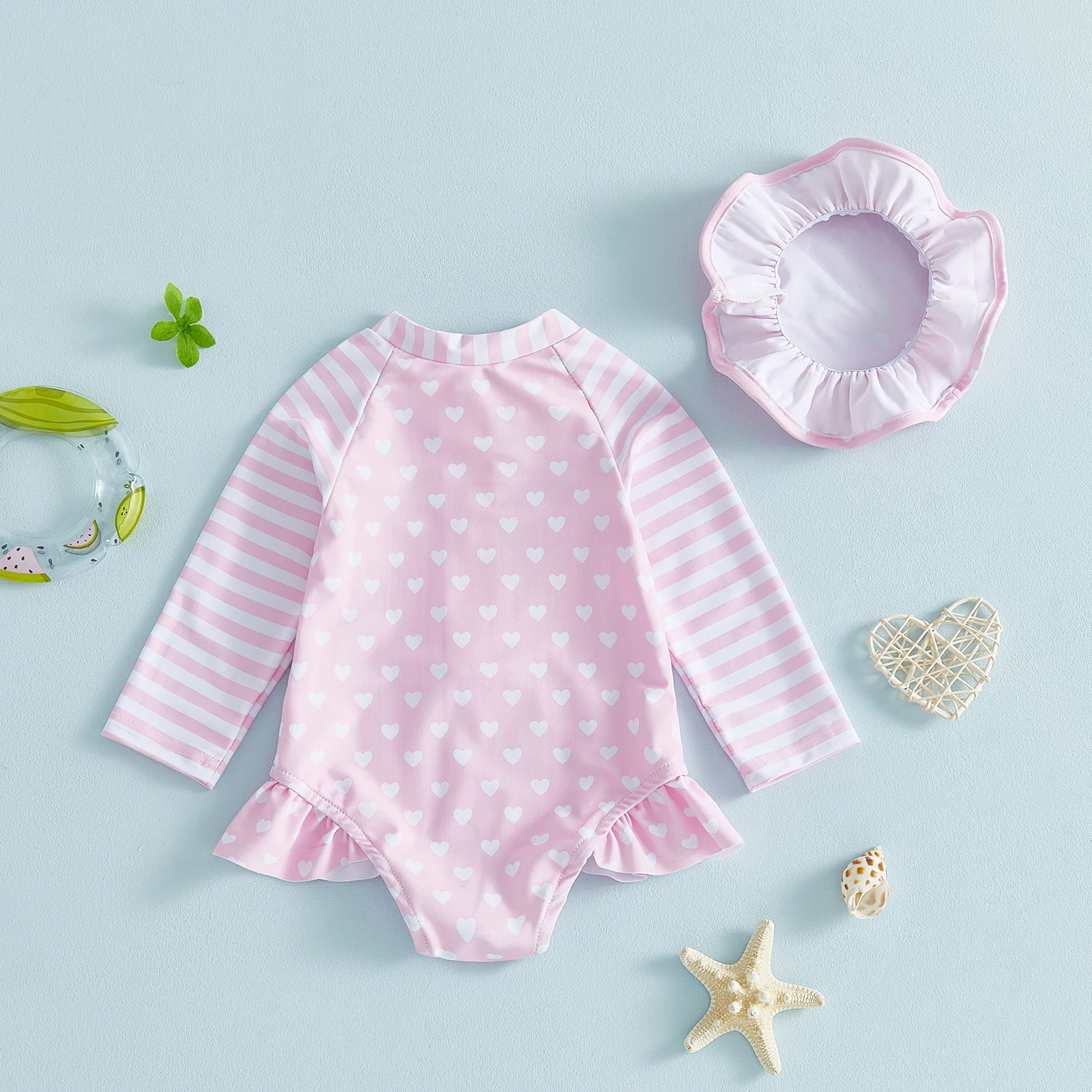 Toddler Baby Girls Swimwear 2Pcs Set Adorable Heart Print Long Sleeve O-Neck Rash Guard Bathing Suit with Hat for Pool Beach
