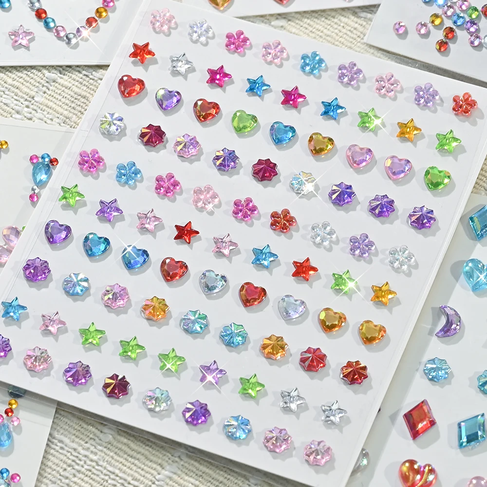 6 Stück/Set 5D gemischte bunte Diamant-Gesichtsstein-Aufkleber, glitzernde Sterne/Herzen/Blumen/Tropfen-Design-Strass für Augen/Gesichtsaufkleber – Detail 9