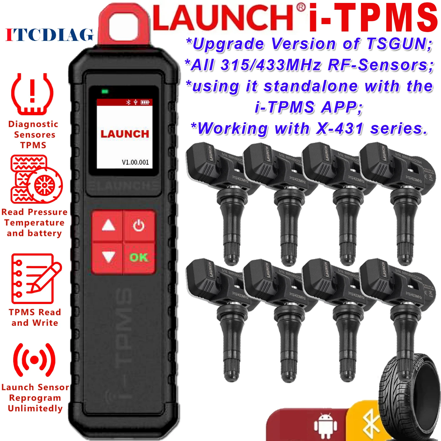 

Датчик давления в шинах Launch X431 i-TPMS, Модернизированный TSGUN может работать автономно с помощью приложения i-TPMS или работает с Launch X431 PAD V +