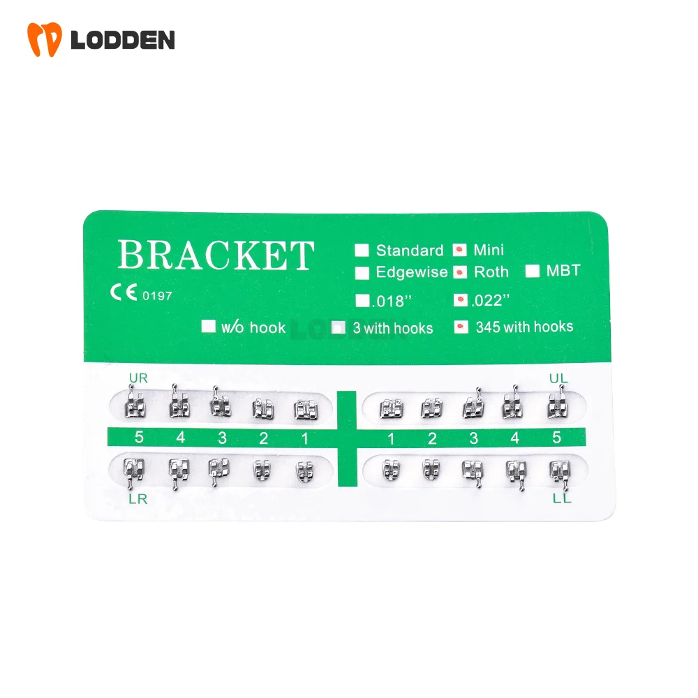 Brackets Metálicos Ortodónticos Lodden para Dientes, 200 Piezas/10 Kits, Mini Brackets Metálicos Monoblock Roth MBT 022 345 con Gancho