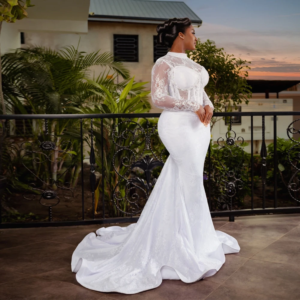 

Mermaid Lace Wedding Dress For African Bridal Applique Beaded High Collar Long Sleeve Bride Gowns robe de mariée Customized