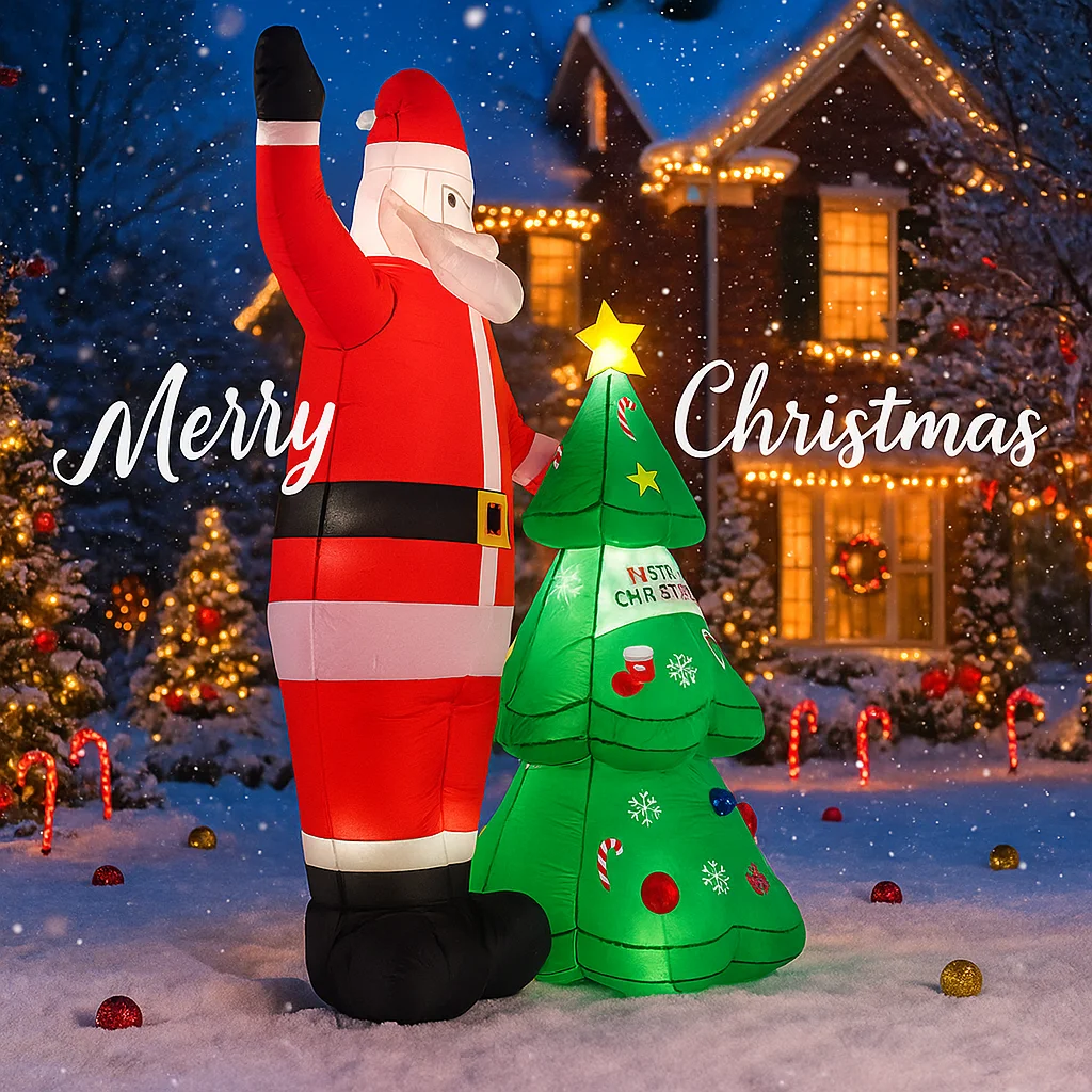 8.2FT Illuminazione natalizia LED Gonfiabile Natale Babbo Natale Albero di Natale Set Giocattolo Cortile Decorazione per feste Ornamento per la casa Forniture per le vacanze