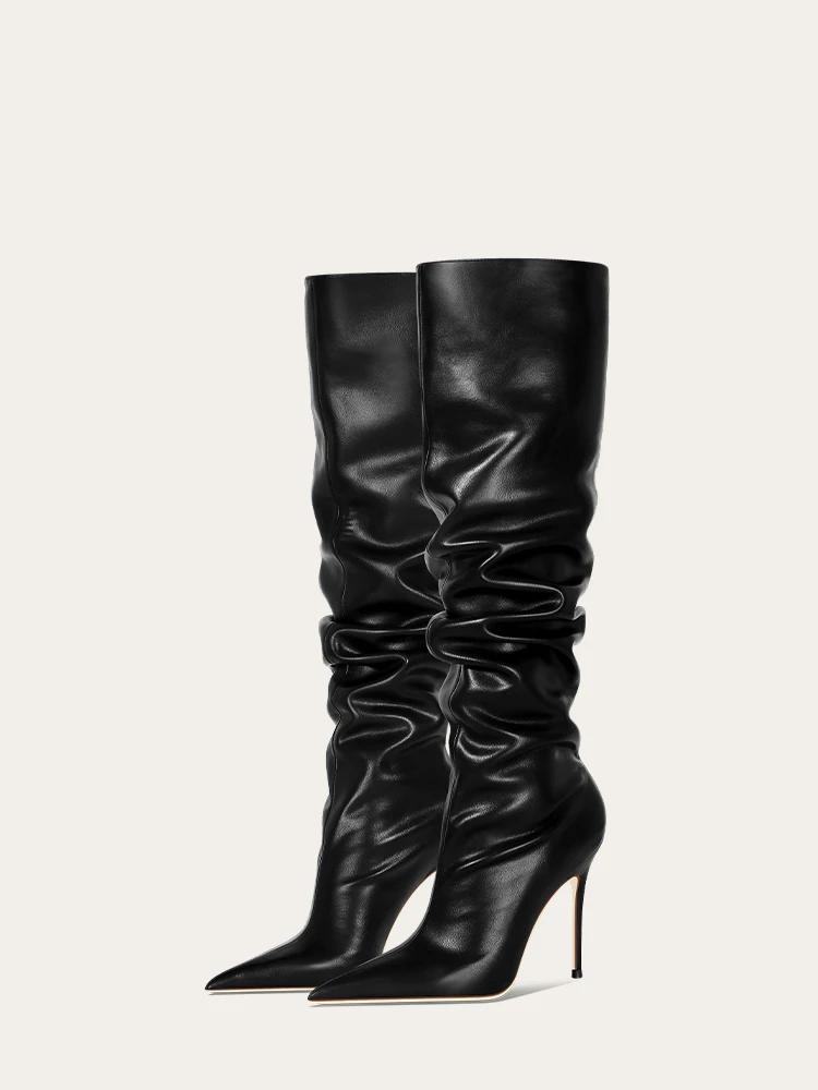 Women Knee High Boots Pointed Toe Matte Black Leather Stacked Fold Chunky Heel Boots