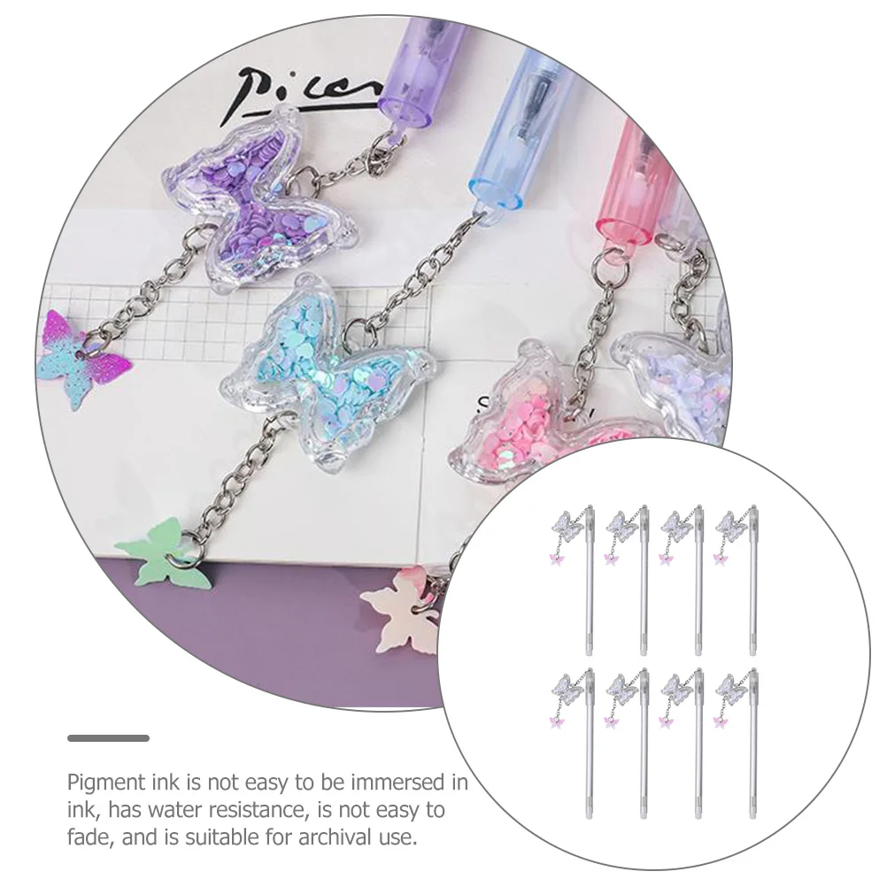 

8pcs Butterfly Pendant Sign Fine Needle Tube Smooth Writing Water-Resistant Pigment Ink Reusable Roller Gel Pen For Office