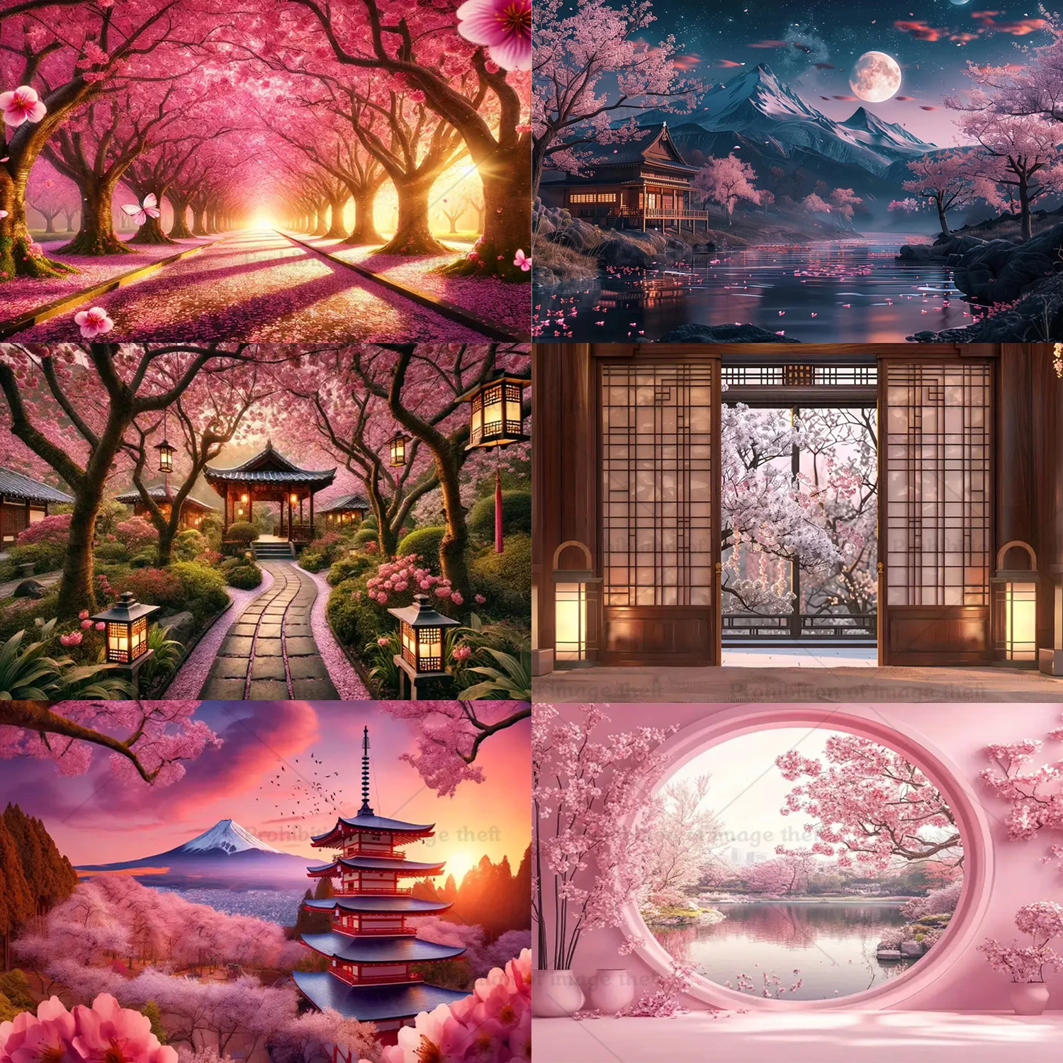 Cherry Blossom Japanese Landscape Theme Background Sunshine Pink Flower Moonlight Night Mount Fuji Rivers Poster Banner Decor