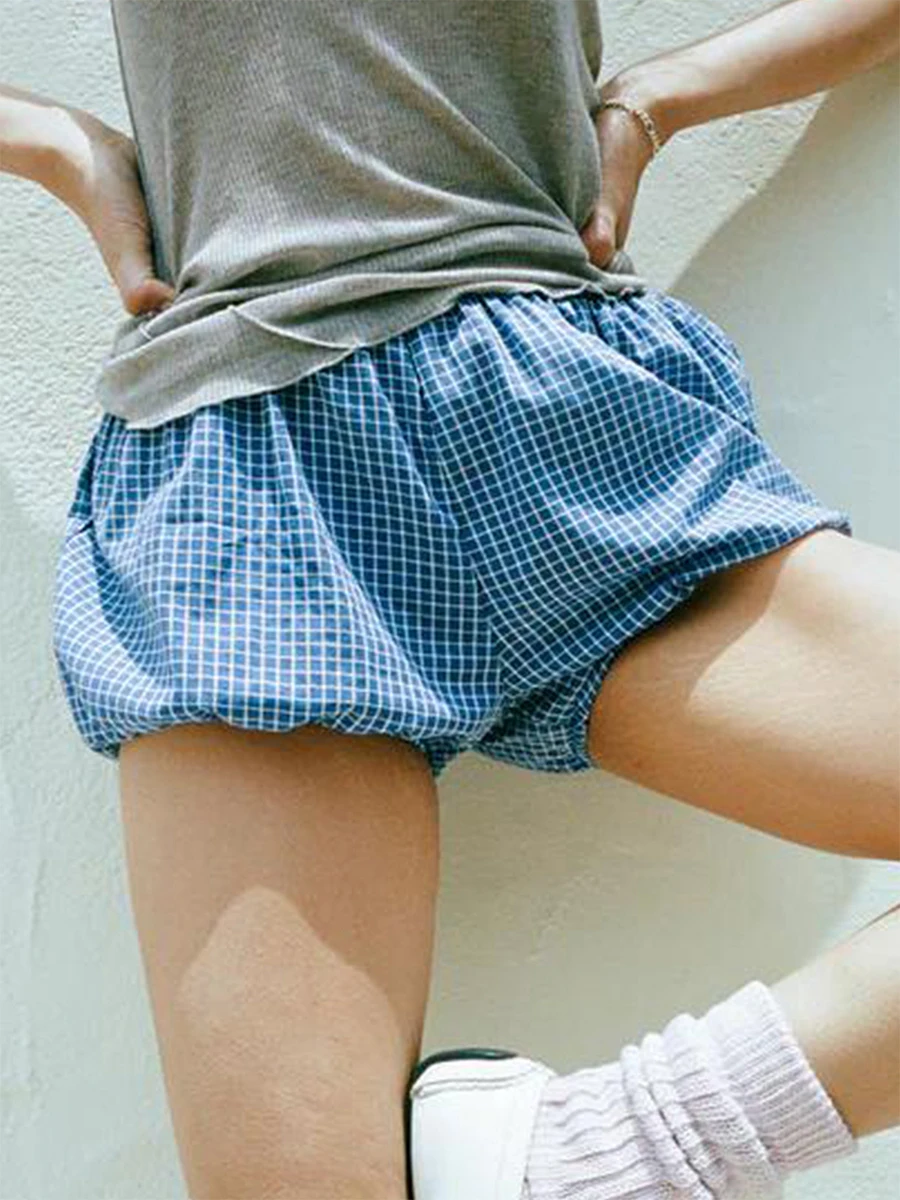 Women'S Retro Checkered Lantern Shorts Elastic Waist Casual Loose Sleepwear Shorts Summer Daily Date Streetwear