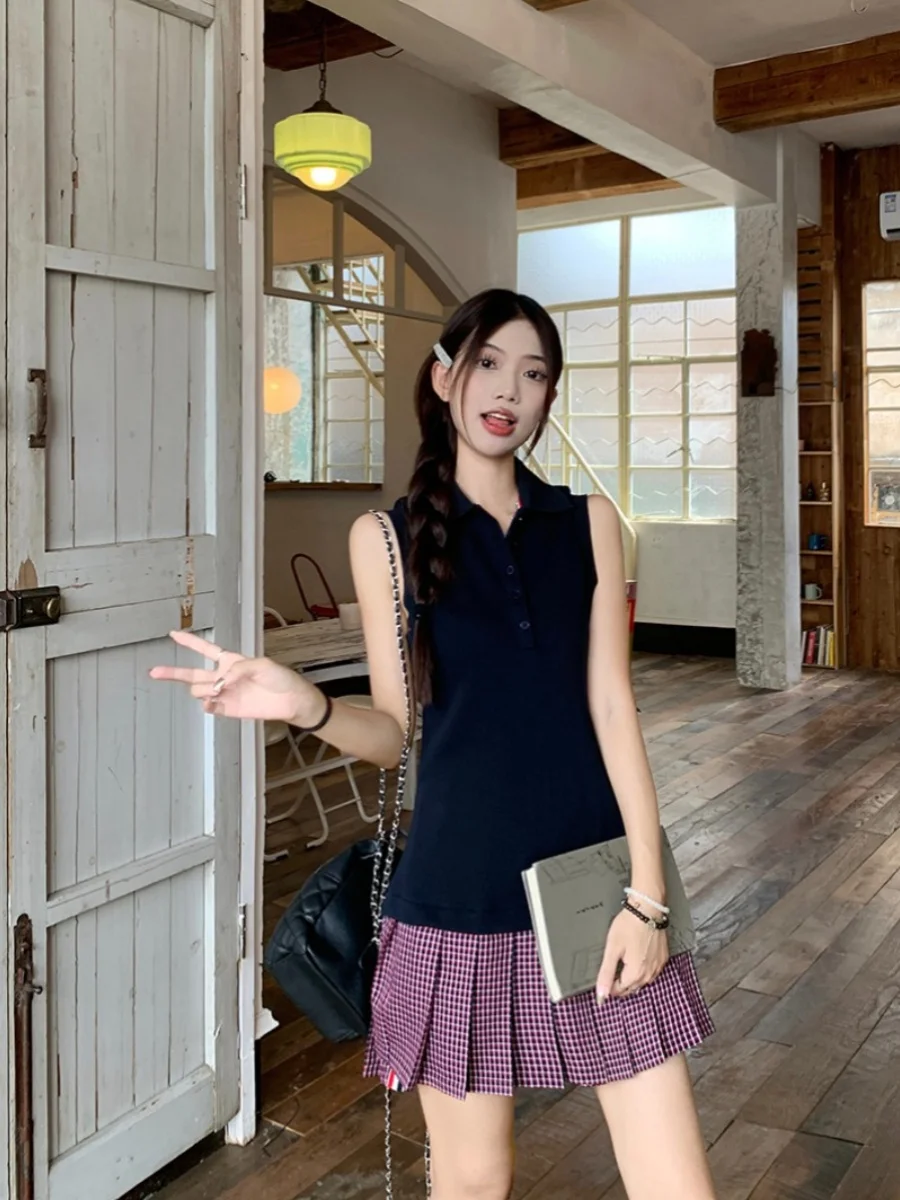 

Korean Fashion Summer New Women Dress Preppy Style Lapel-neck Sleeveless Slim Splicing A Line Plaid Pleated Mini Dresses Vestido
