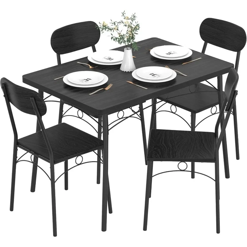 5-Piece Dining Room Table Set, Rectangular Dinette with 4 Chairs for Kitchen, Breakfast Nook, Small Space, Black