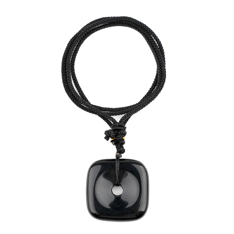 حجر السج الأسود مربع على شكل Pingan الأحجار الكريمة القلائد قابل للتعديل اليدوية المنسوجة حبل النساء الرجال 30 مللي متر دونت عملة حجر قلادة