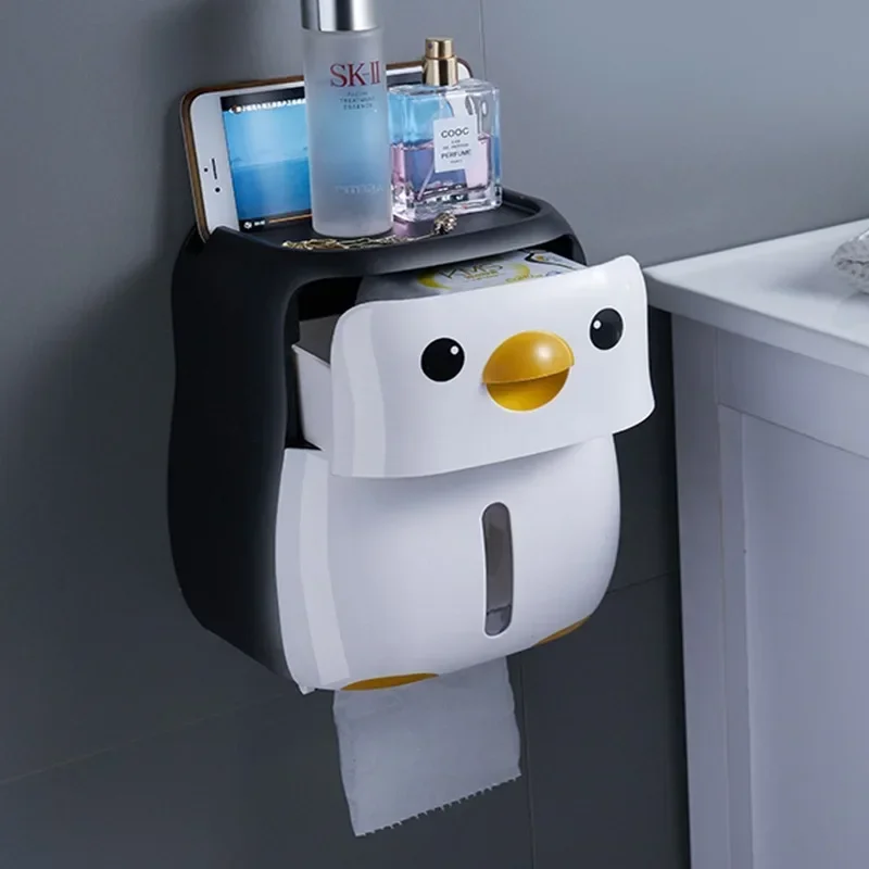 Creative Penguin Toilet Roll Paper Holder Waterproof Wall Mounted Storage Box Tray Tissue Box Organizer Bathroom Accessories