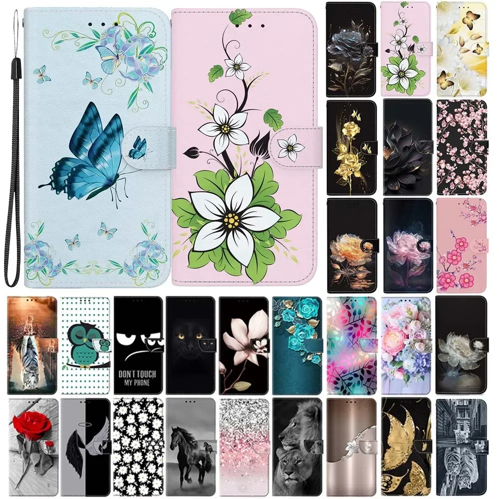 Cute Rose Lion Pattern Case For iPhone 11 Pro 12 mini 13 Pro Max Magnetic Leather Flip Wallet Card Holder Stand Back Cover Coque