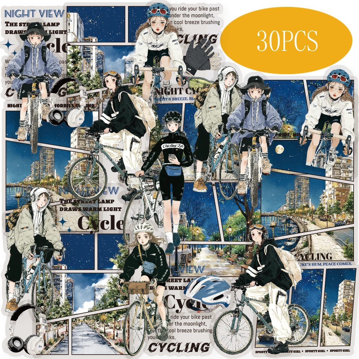 Etori Life Night Ride 30 Stück handgezeichnete Aufkleber mit Mädchenmotiv, trendige und coole Stimmungsstickers für Notizbücher, Handyaufkleber, Gepäck, Scrapbooking-Zubehör, Bürodekorationszubehör,