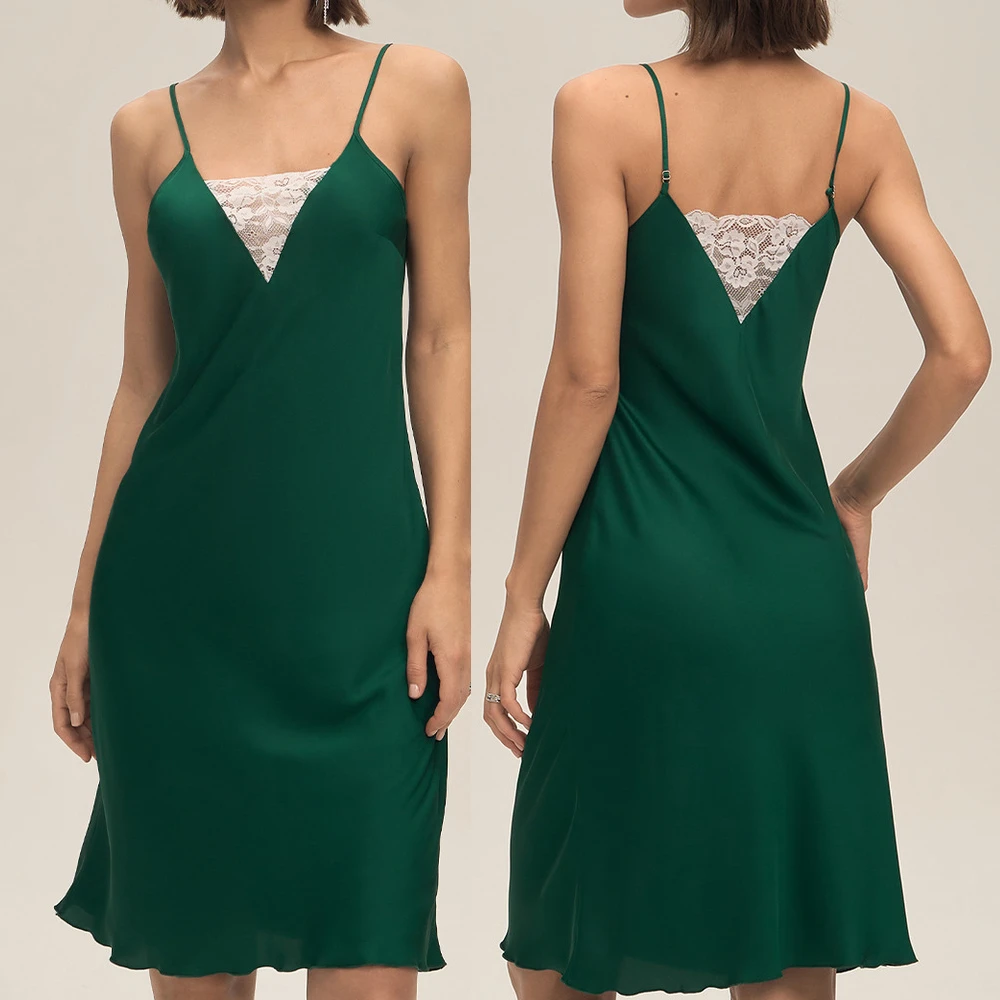 

Female Nightgown Chemise Sleepwear Summer Silky Satin Nightwear Home Dress Sexy Lace Patchwork Nightdress Lingerie Loungewear