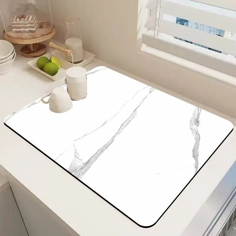 VIKAMA White Marble Coffee Mat Quick Drying Super Absorbent Non Slip Countertop Protector for Coffee Machine Kitchen Bar Rug