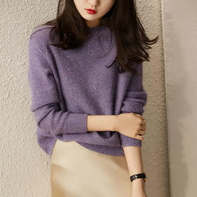 Fashion O-Neck Korean Solid Color Sequined Sweaters Women Clothing 2024 Spring New Loose Knitted Commuter Pullovers Casual Tops