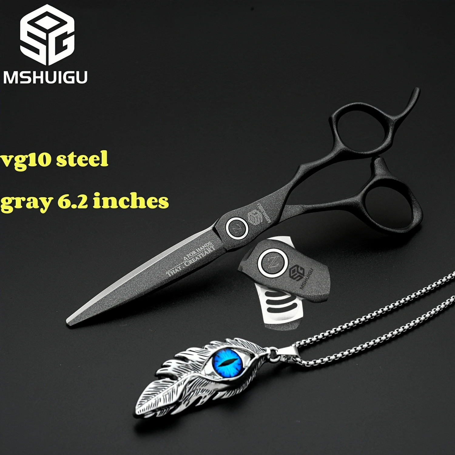 

MSHUIGU Professional barber scissors vg10 grey 6.2 inches Salon Tool Accessories Multifunctional thinning shears Comb necklace