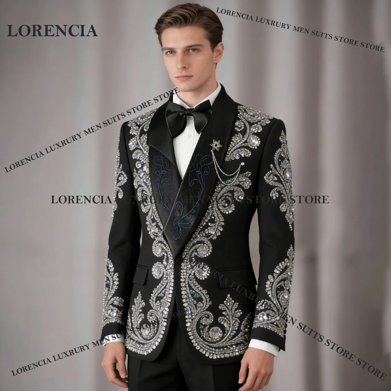 

Customized Embroidery Sequin Men Suit 2 Pieces Set Male Party Blazers Luxury Groom Wedding Tuxedos Slim Rhinestone Costume Homme