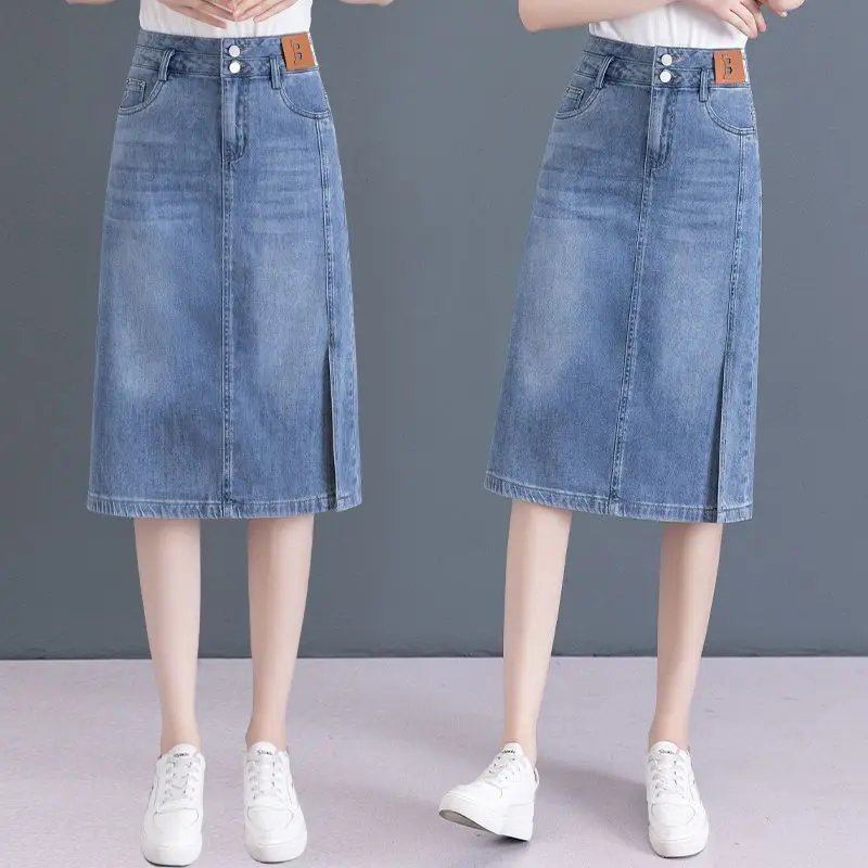 Jupes en denim taille haute pour femmes, poches boutonnées, ligne A, mince, midi, hanche fendue, enveloppé, document solide, minimaliste, trajet domicile-travail, été, nouveau, 2024