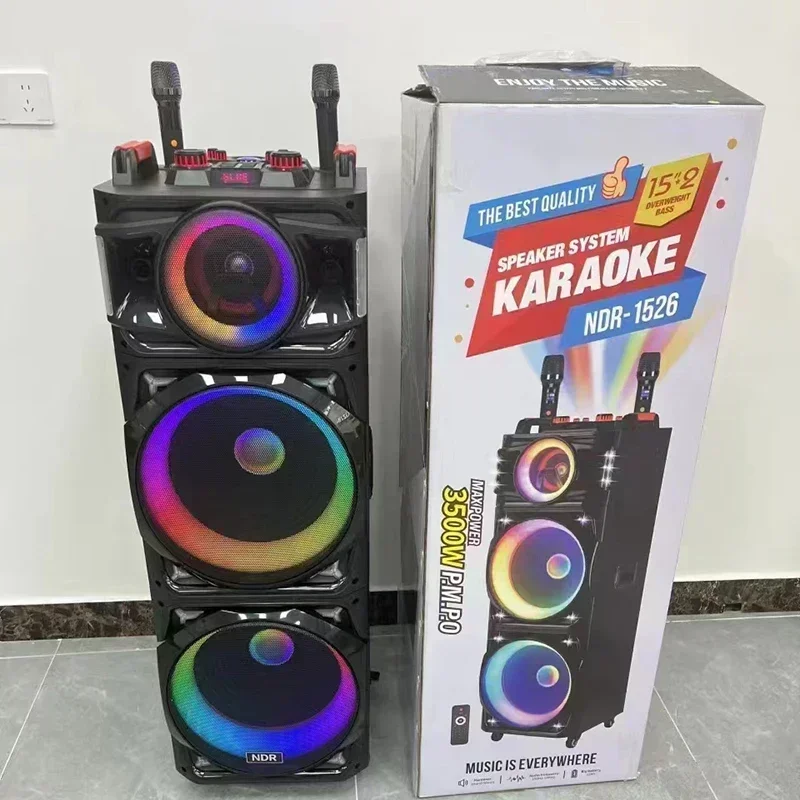NDR-1526 Double 15 inch Bass 100 watt Big Power Trolley Speaker USB/TF/FM/TWS/Remote control/ Wireless Mic Outdoor BT Speakers