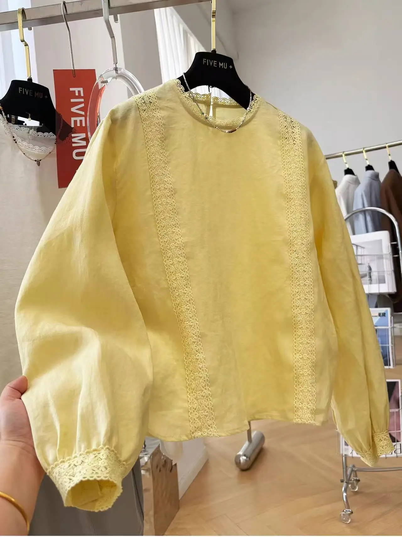 

RAIN YAN LIN Осенняя новинка: однотонная женская блузка с круглым вырезом и рукавами-фонариками, модный свободный пуловер из хлопка и льна для офиса